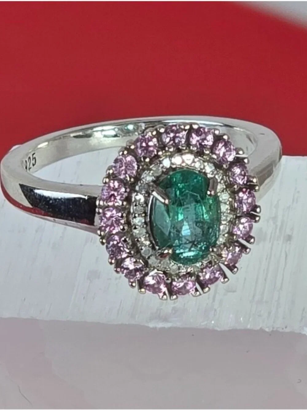 925 Sterling Silver Ring 6.5 with Natural Emerald, Sapphires & Diamonds